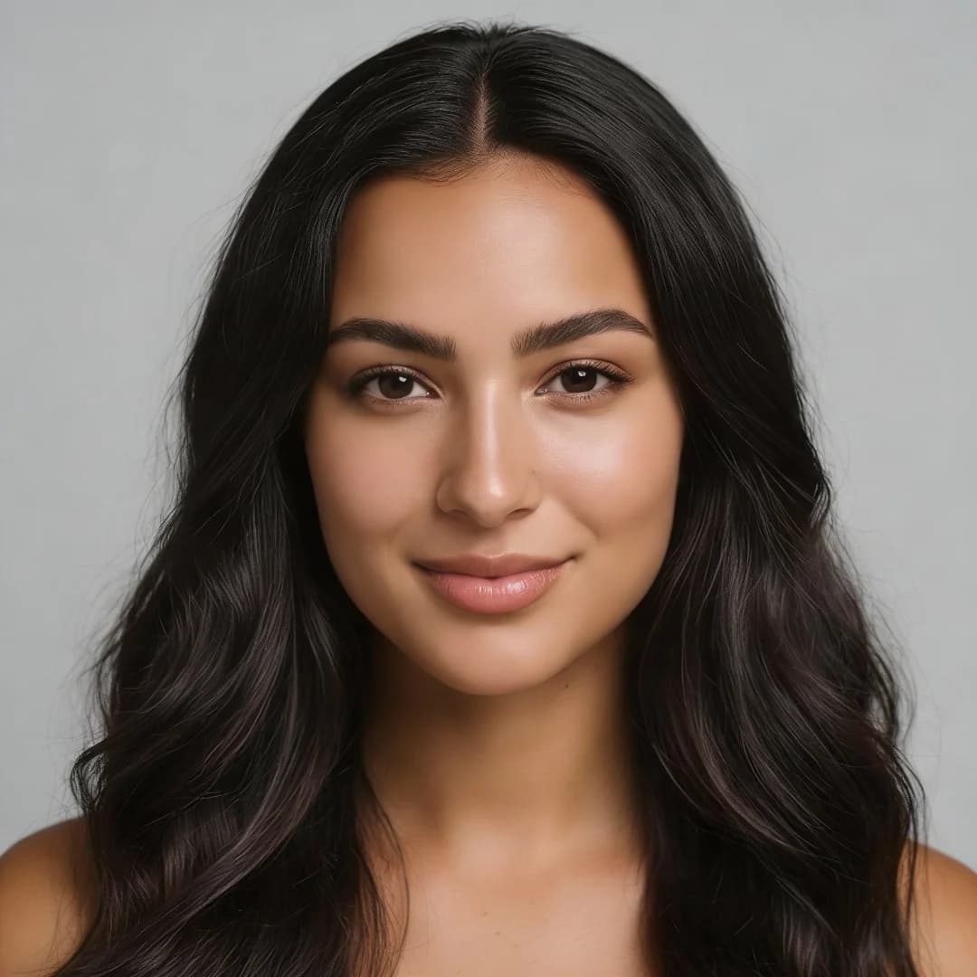 Portrait of a woman with long, wavy dark hair and a natural makeup look against a gray background.
