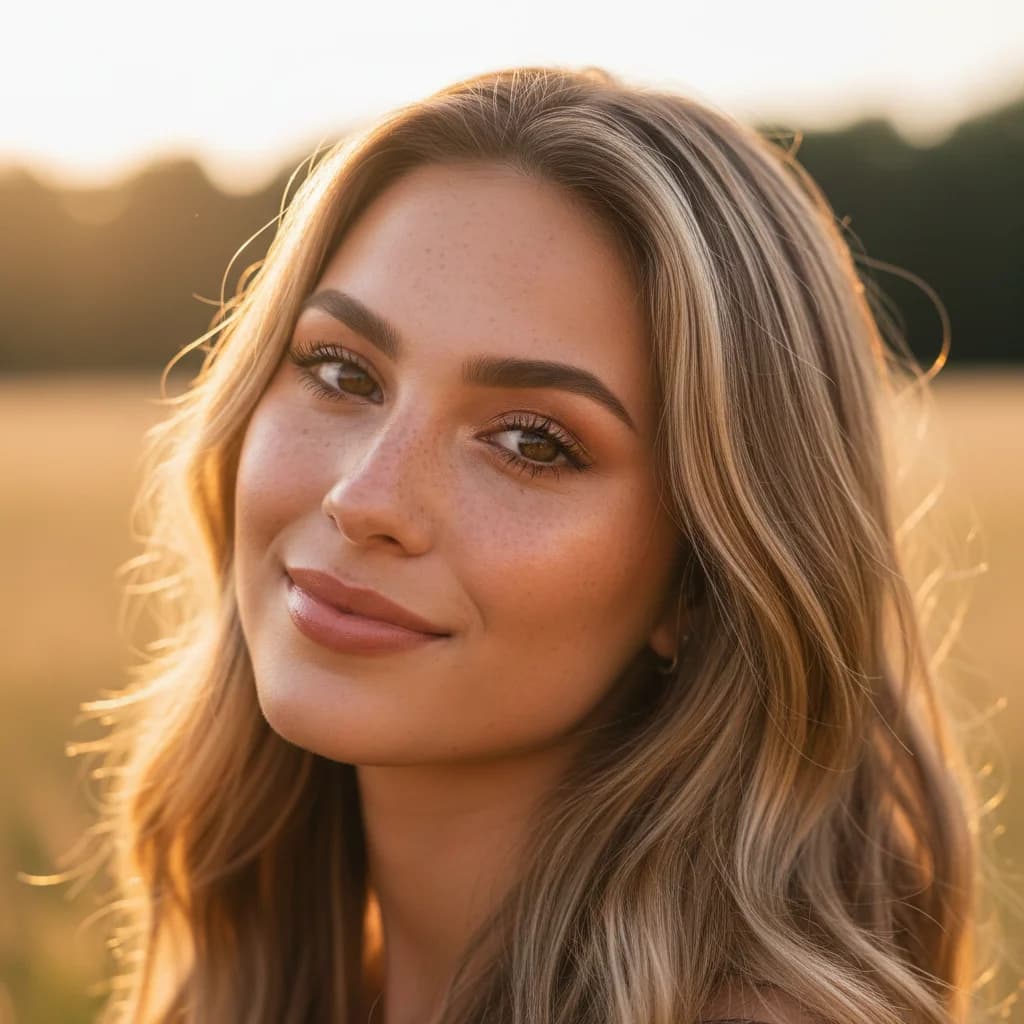 Close-up of a smiling woman with blonde hair and freckles in a golden sunset field.