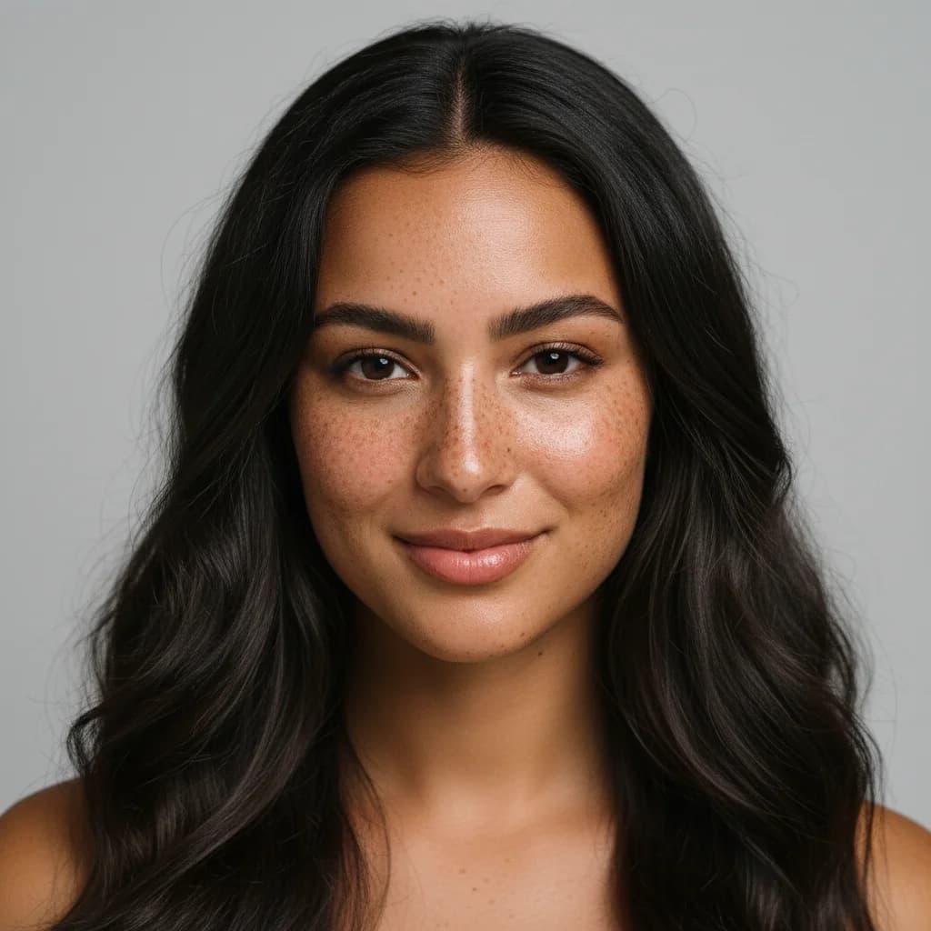 Close-up portrait of a smiling woman with long dark wavy hair and freckles on her face.