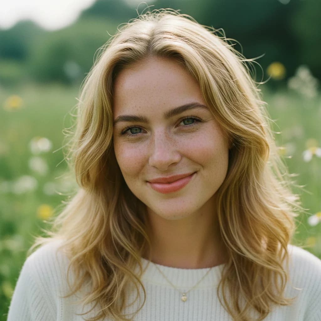 Smiling blonde woman with freckles in a sunlit meadow wearing a white sweater.